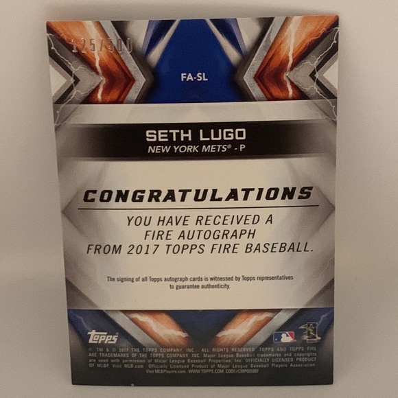 Seth Lugo Topps Fire 2017 RC Rookie Autograph FA-SL 125/500 (012) - Picture 2 of 2